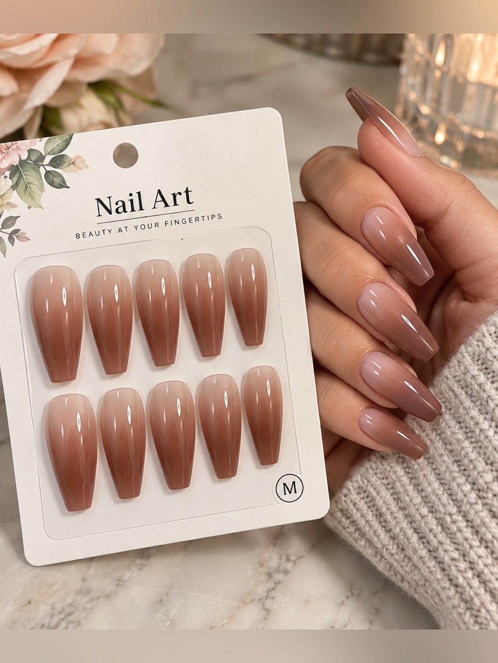 Pink Brown Ombre Press On Nails Rosy Mocha Long Coffin 10pc Set